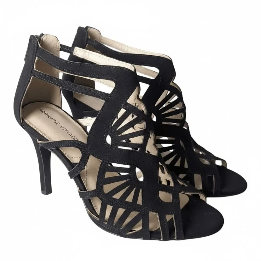 ADRIENNE VITTADINI Gala Black Suede Strappy Heeled Sandal Size 9